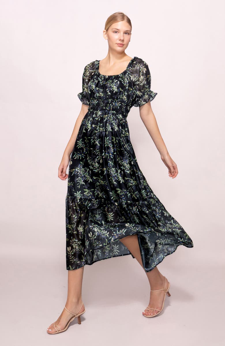 MELLODAY Shirred Puff Sleeve Maxi Dress, Alternate, color, Black Multi