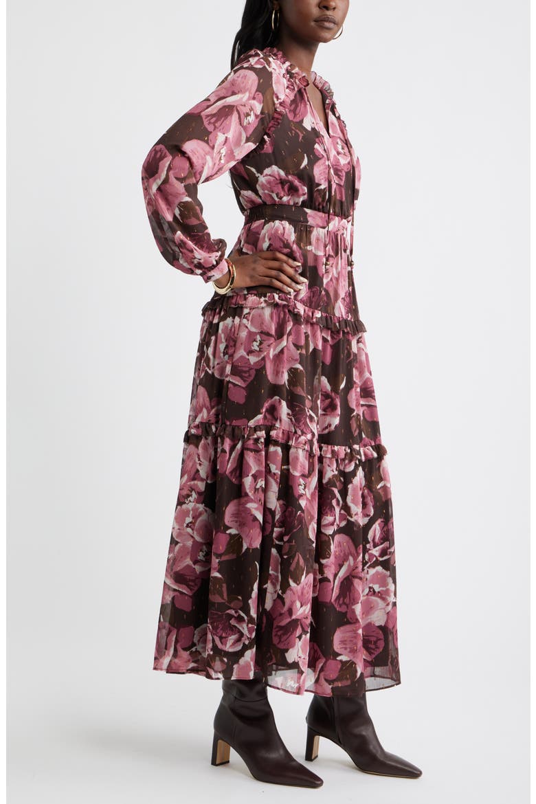 Floral Metallic Clip Dot Ruffle Tiered Midi Dress, Alternate, color, BROWN PINK WENDI FLORAL
