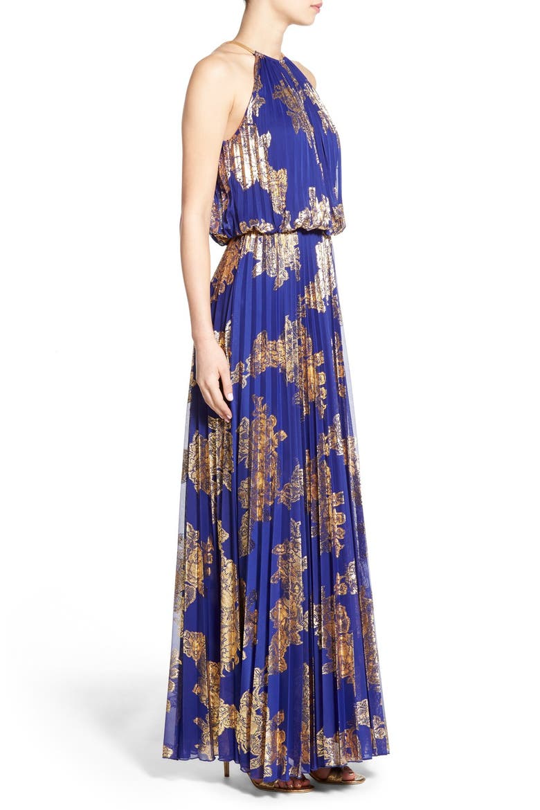 Xscape Foiled Pleated Blouson Gown, Alternate, color, COBALT/ GOLD