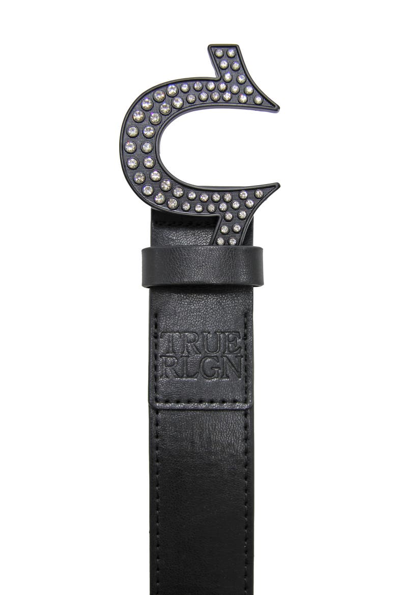 Rhinestone Logo Buckle Leather Belt, Alternate, color, BLACK