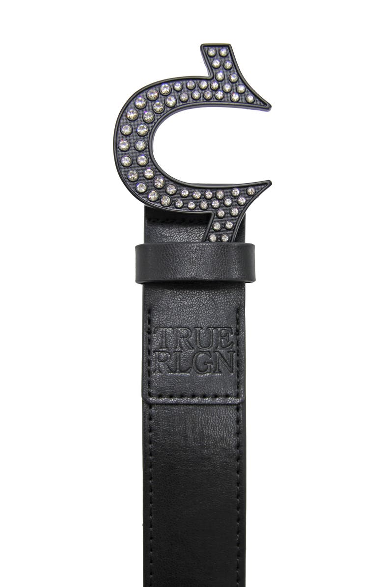 True Religion Rhinestone Logo Buckle Leather Belt, Alternate, color, Black
