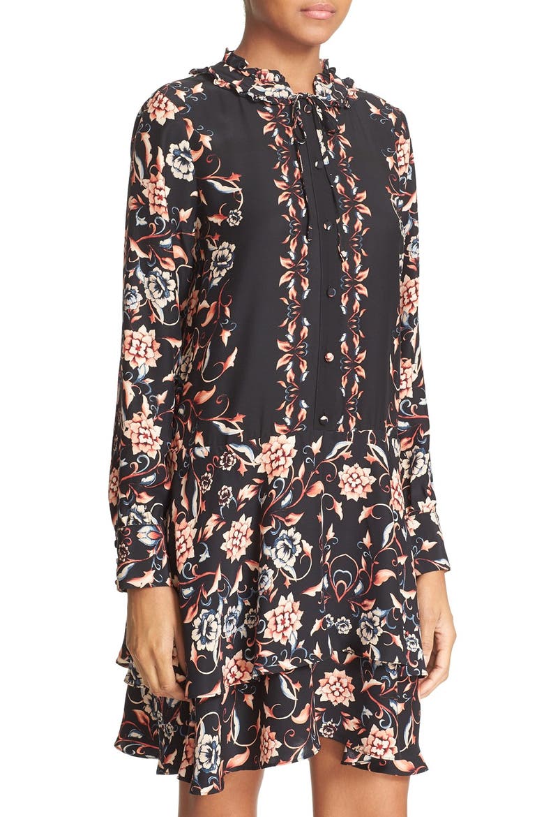 'Eden' Floral Print Silk Drop Waist Dress, Alternate, color, BOARDER EDELWEISS