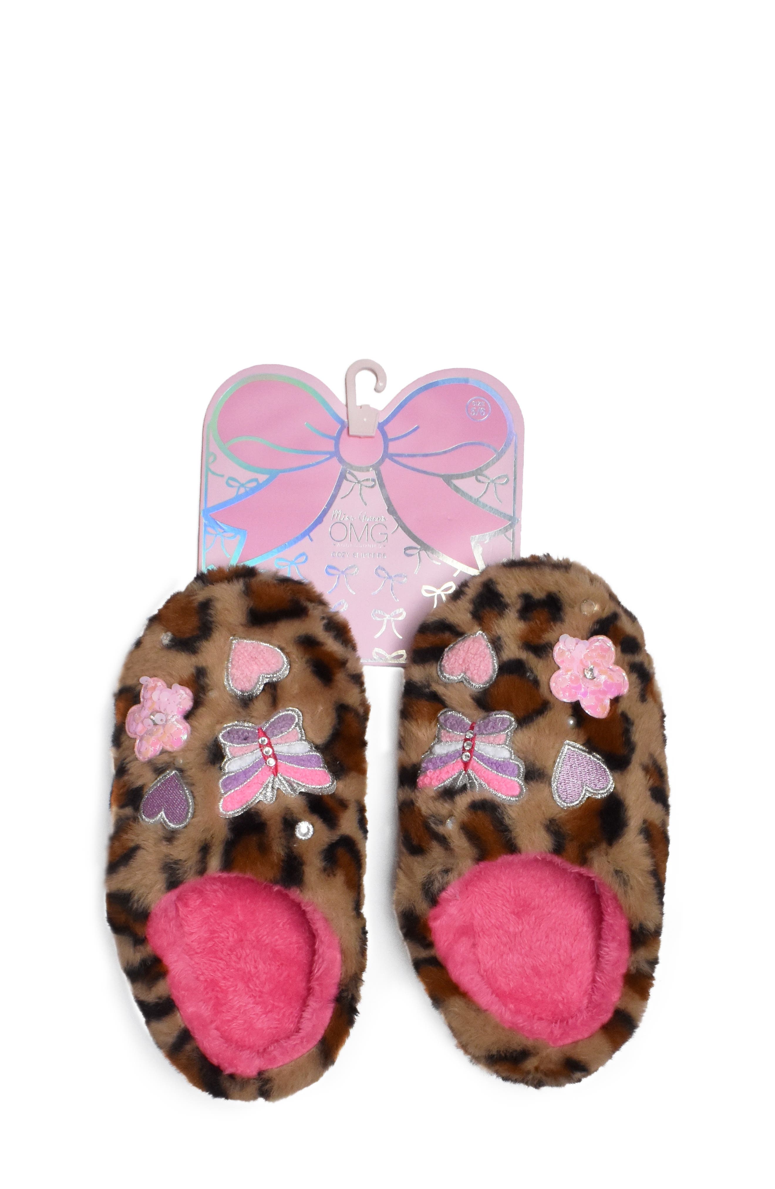 OMG Accessories Kids' Butterfly Appliqué Leopard Faux Fur Slipper, Main, color, Brown