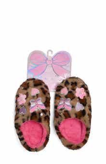 OMG Accessories Kids' Butterfly Appliqué Leopard Faux Fur Slipper