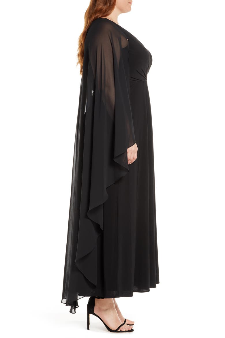 Xscape Side Ruched Long Sleeve Chiffon Gown, Alternate, color, BLACK