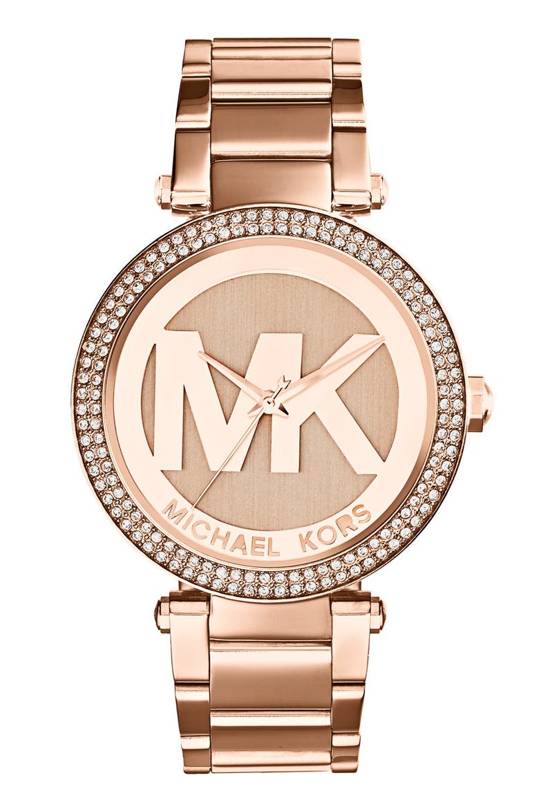 Michael Kors Parker Logo Dial Bracelet Watch, 39mm, Main, color, ROSE GOLD