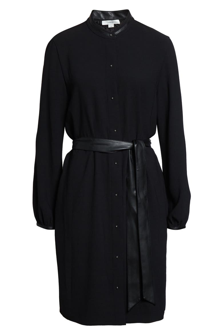 Faux Leather Trim Long Sleeve Shirtdress, Alternate, color, BLACK