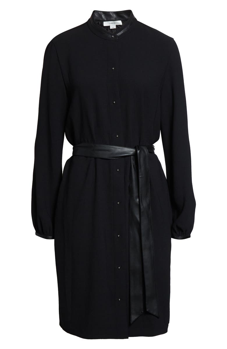 Vince Faux Leather Trim Long Sleeve Shirtdress, Alternate, color, Black