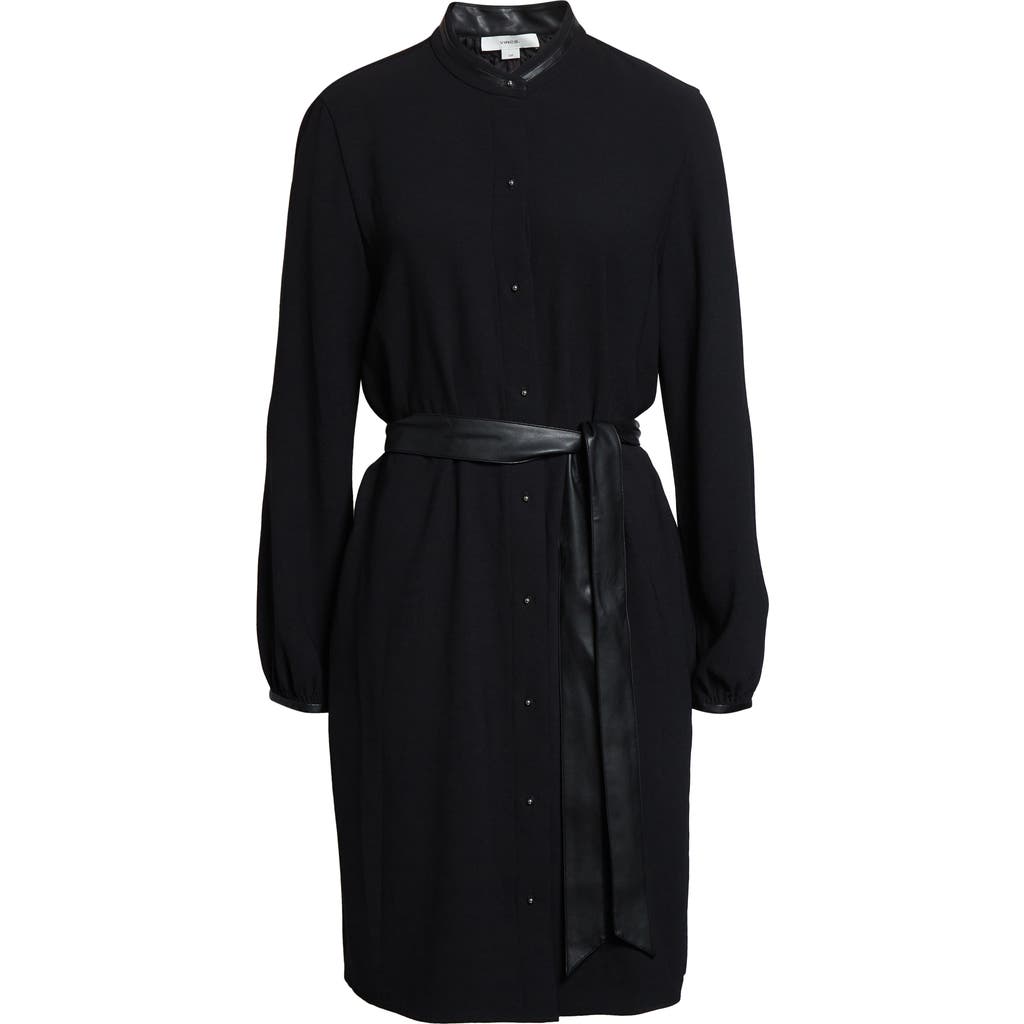 Vince Faux Leather Trim Long Sleeve Shirtdress In Black