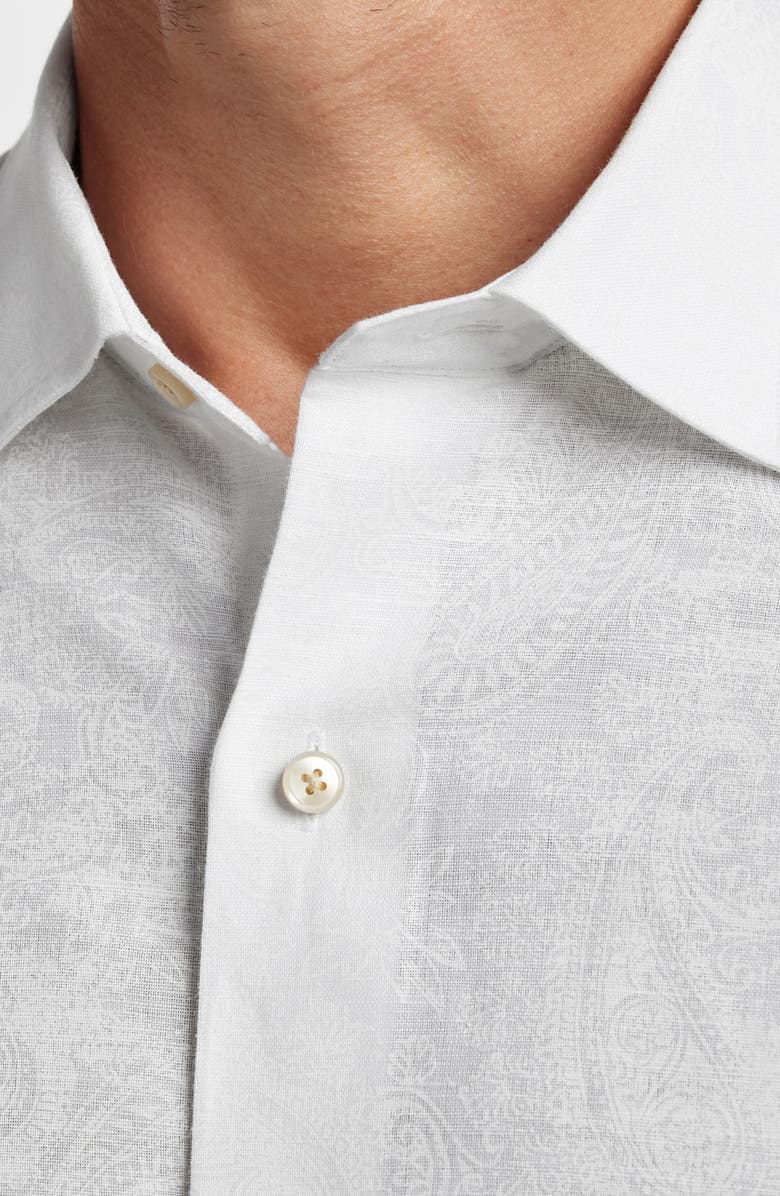 David Donahue Paisley Print Short Sleeve Linen & Cotton Button-Up Shirt, Alternate, color, White