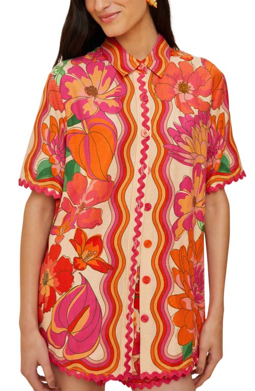 Farm Rio Spring Affair Rickrack Trim Button-up Shirt