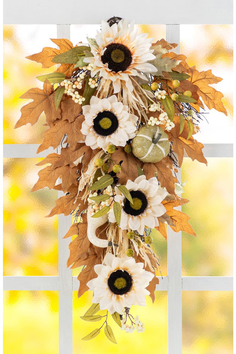 Fall Neutral Sunflower Pumpkin and Leaf Teardrop, Alternate, color, Orange