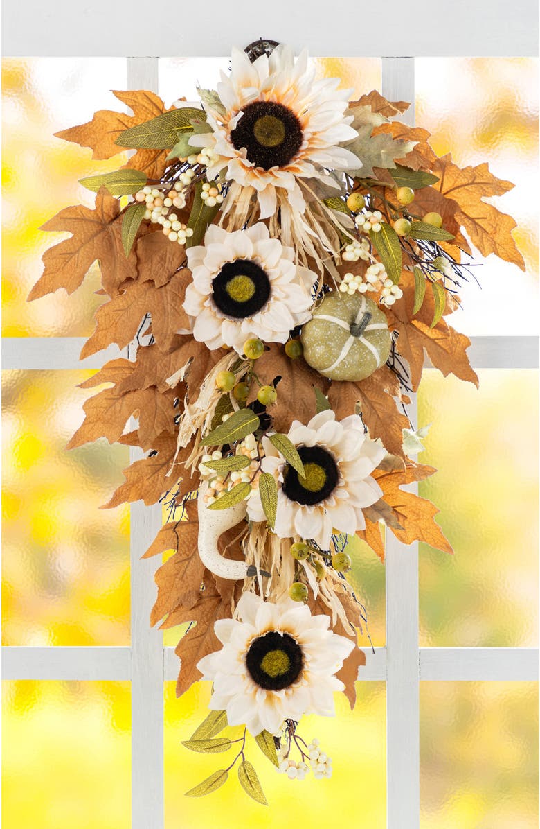 Glitzhome Fall Neutral Sunflower Pumpkin and Leaf Teardrop, Alternate, color, 