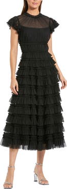 Mac Duggal Women's Ruffle High Neck Cap Sleeve Midi Dress