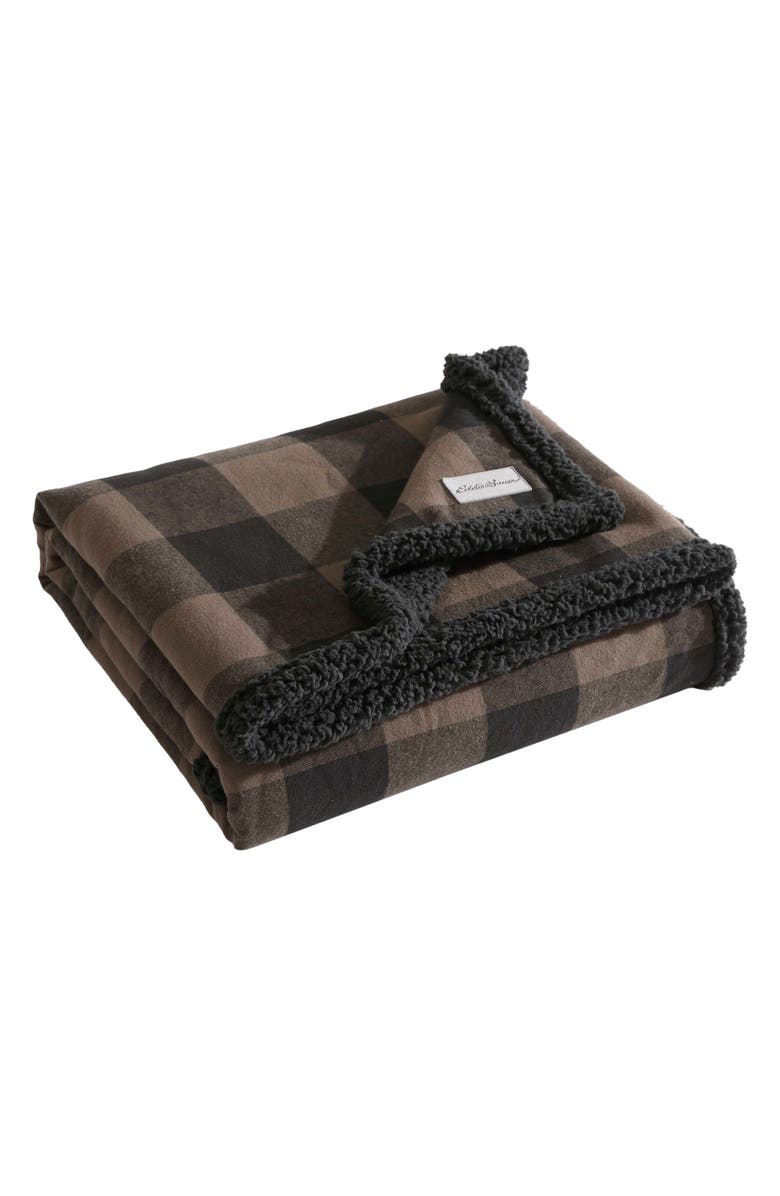 Eddie Bauer Cabin Plaid Faux Shearling Throw Blanket, Alternate, color, Brown