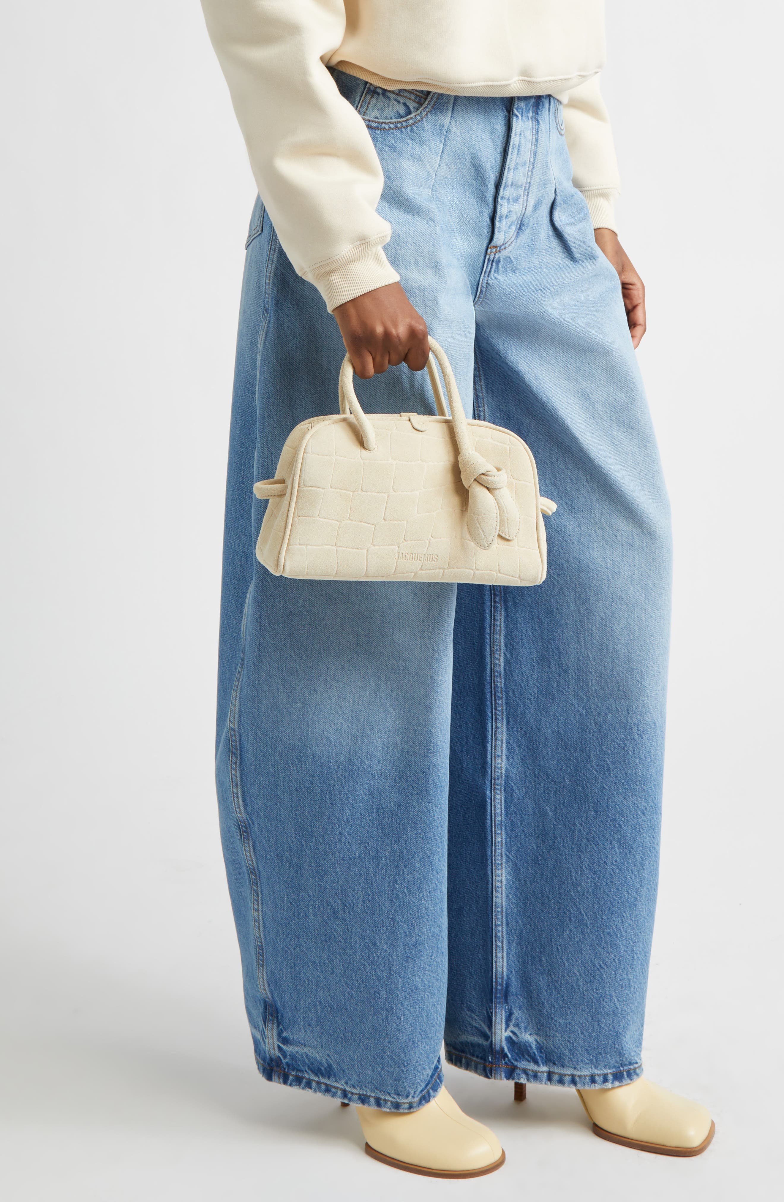 Jacquemus Le Petit Turismo Croc Embossed Suede Bowling Bag, Alternate, color, Ivory