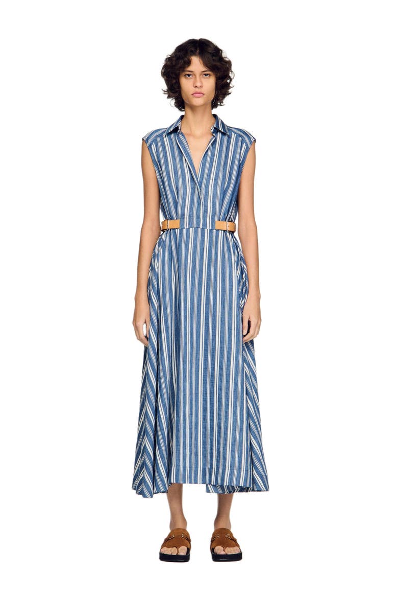 Striped maxi dress with leather tab, Main, color, Blu / white