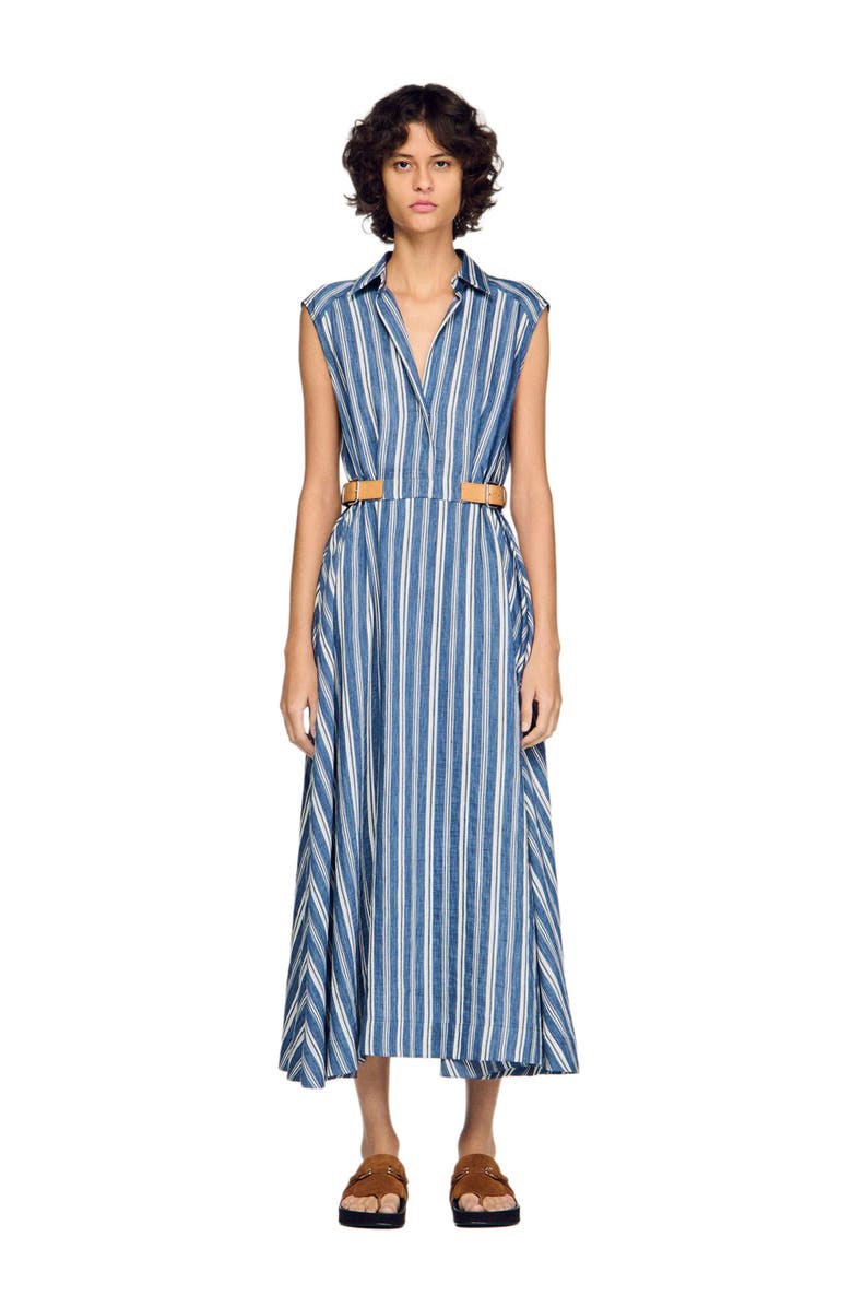 SANDRO Striped maxi dress with leather tab, Main, color, Blu / White