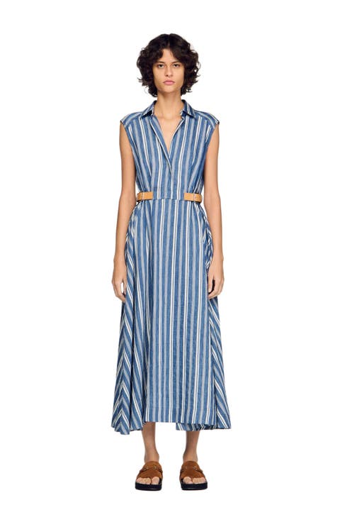 Striped maxi dress with leather tab