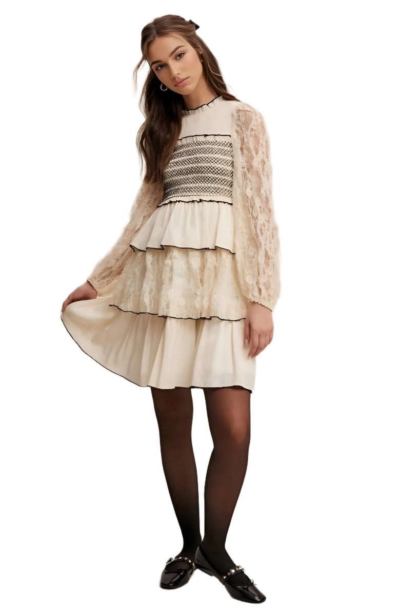 Knit and Lounge Tiered Mini Dress with Lace Sleeves, Alternate, color, 