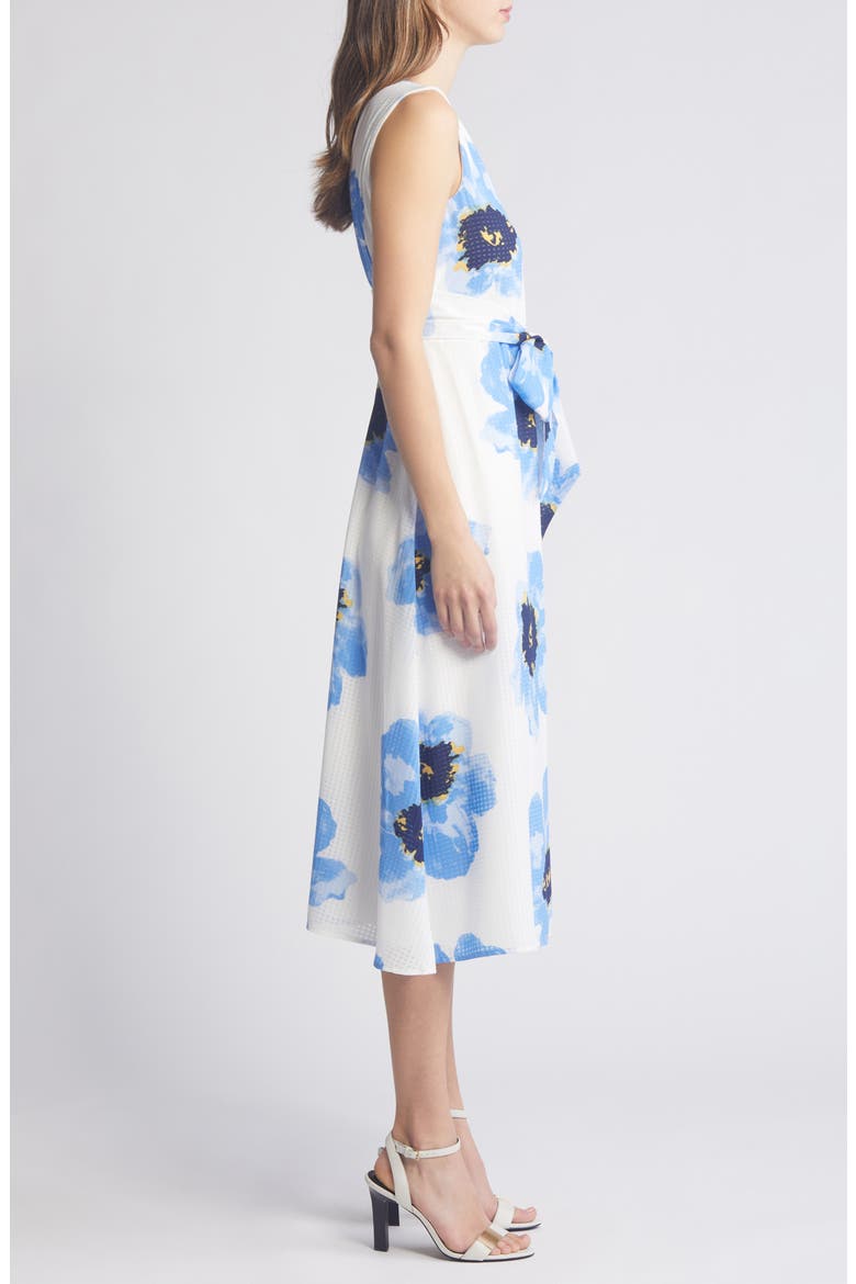 Floral Tie Belt Midi Dress, Alternate, color, BRIGHT WHITE/ SHORE BLUE