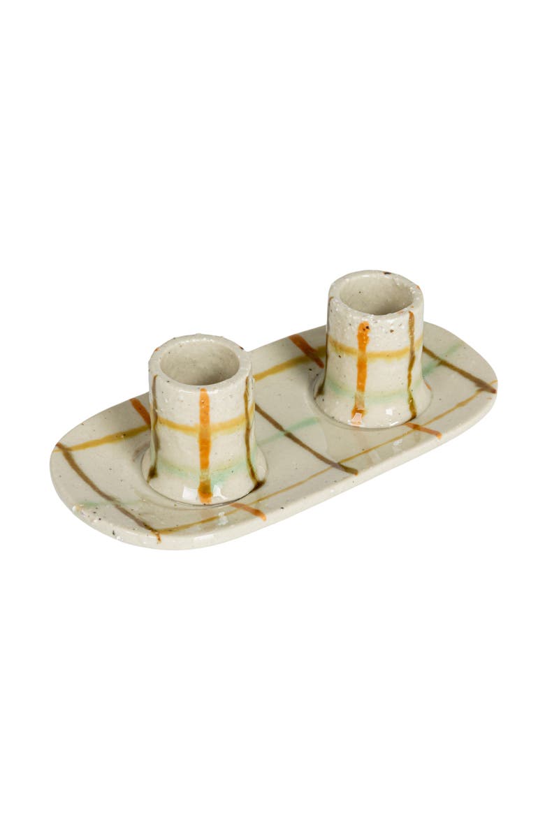 Checkered Charm Stoneware Taper Holders, Main, color, Cream