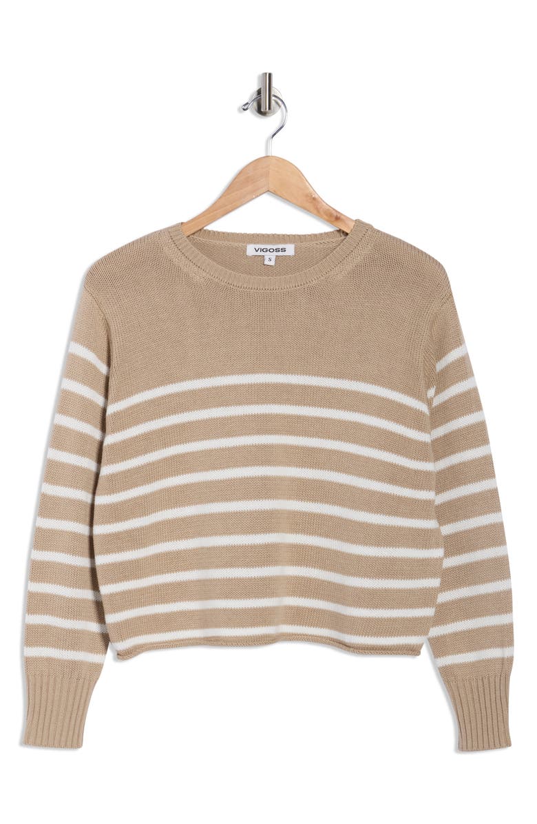 Vigoss Stripe Boxy Crop Cotton Blend Sweater, Alternate, color, Oatmeal/ White