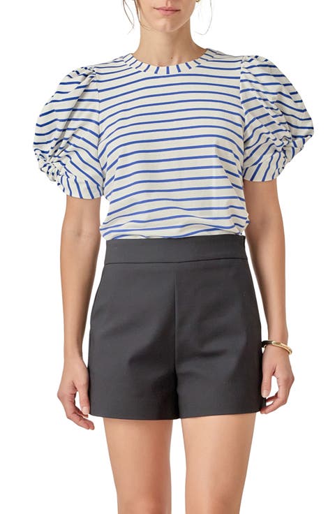 Stripe Puff Sleeve Stretch Cotton Top