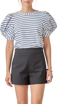 English Factory Stripe Puff Sleeve Stretch Cotton Top