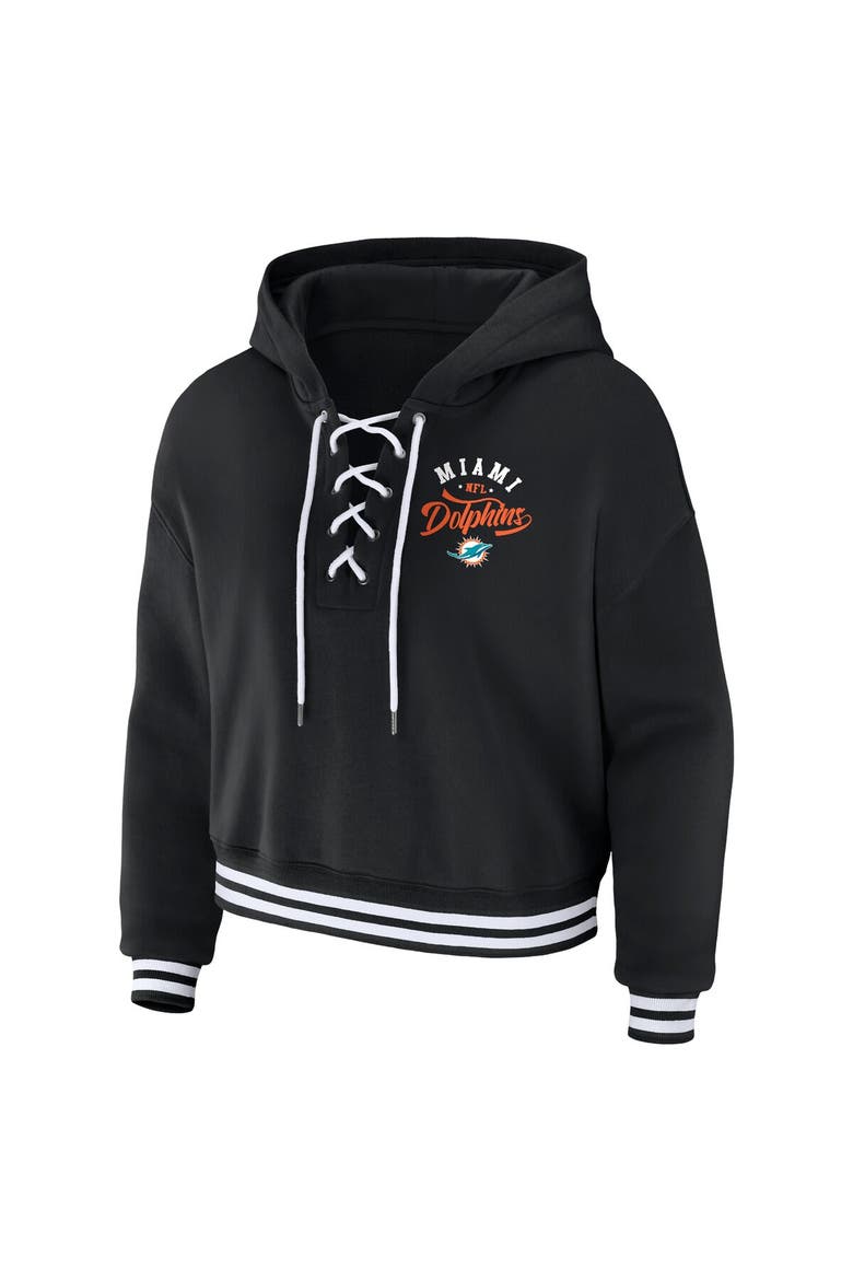 Women's WEAR by Erin Andrews Black Miami Dolphins Lace-Up Pullover Hoodie, Alternate, color, Black