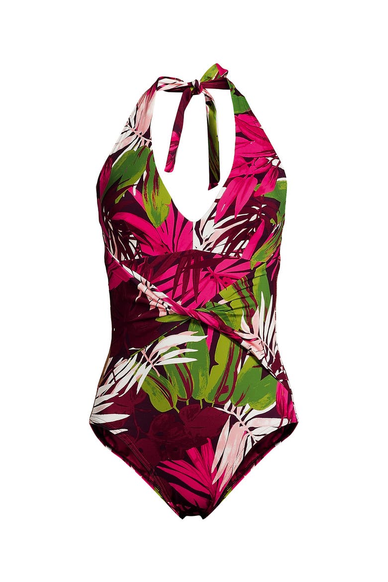 Plus Size Sculpting Suit Plunge Halter High Leg One Piece Swimsuit, Alternate, color, Dark Wine Multi Tropical Palm