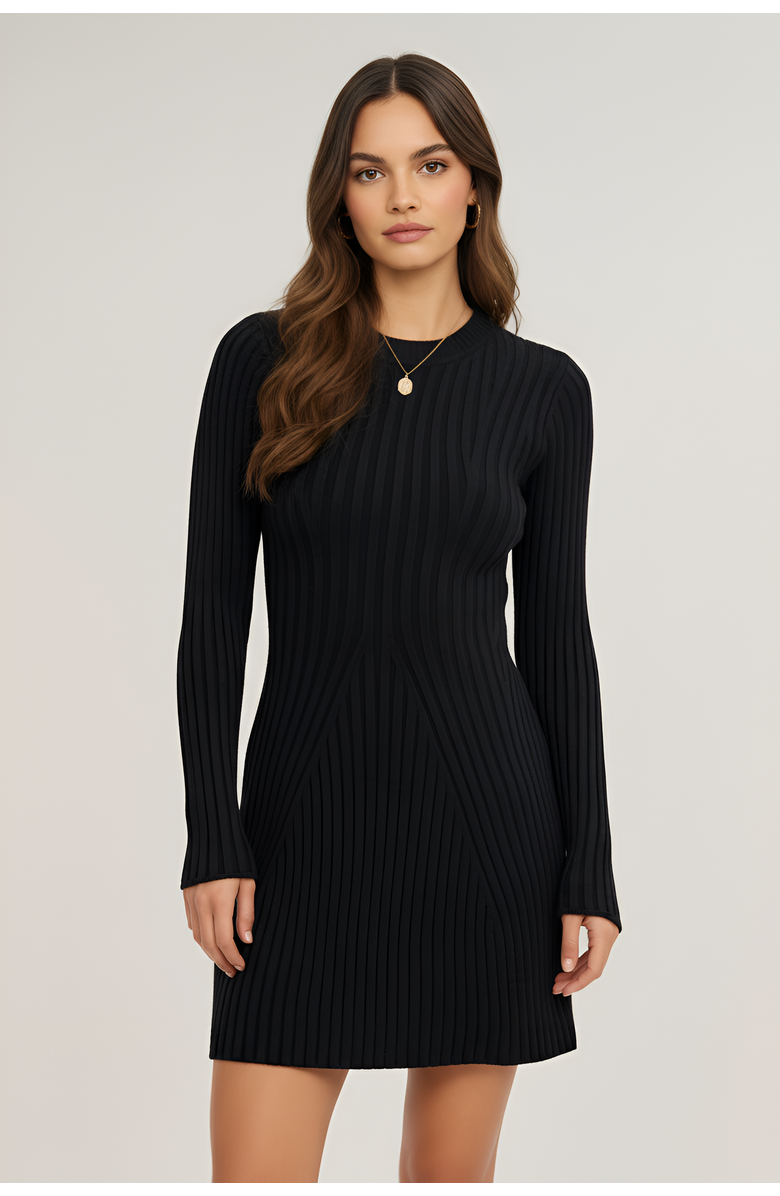 Modenaire Ribbed Knit Long Sleeve Flared Hem Sweater Dress, Main, color, Black