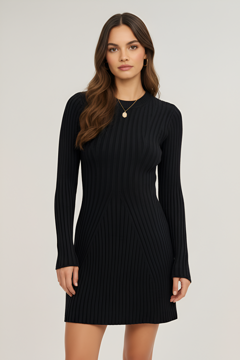 Ribbed Knit Long Sleeve Flared Hem Sweater Dress