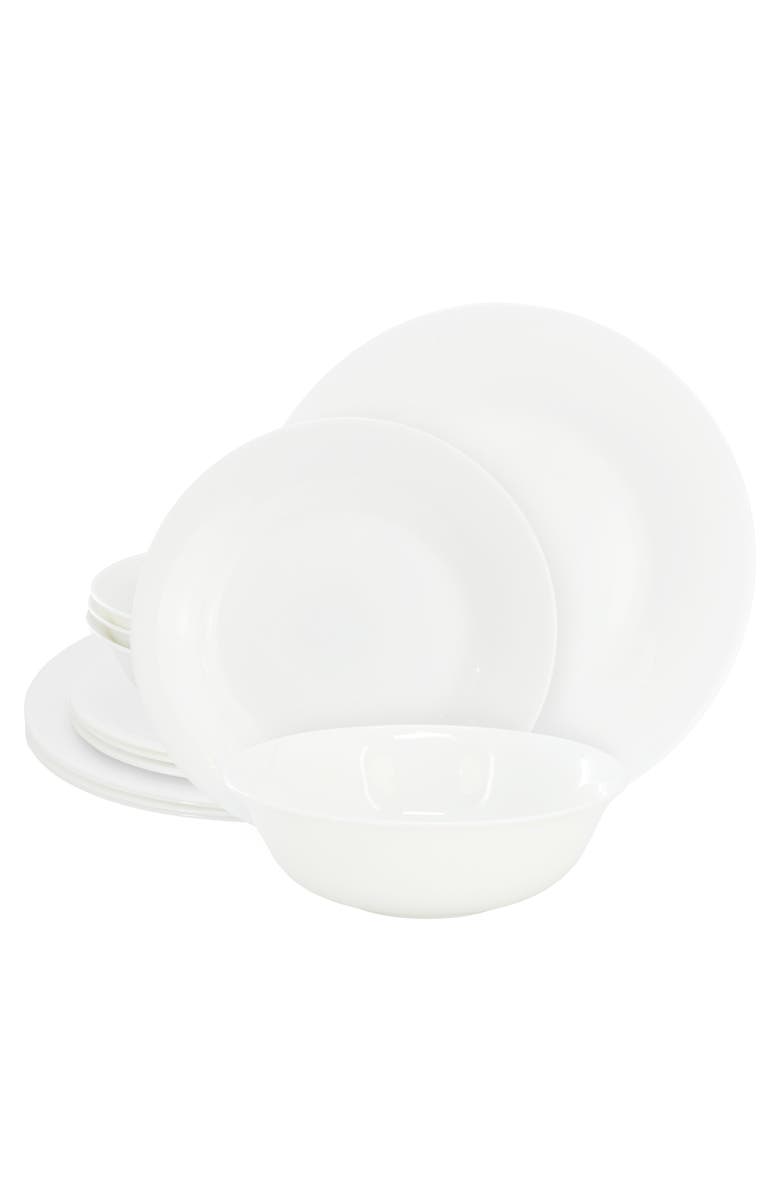 Gibson Ultra Ultra White Shadow 12 Piece Opal Glass Dinnerware Set, Main, color, White