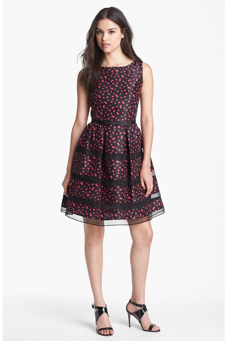 Belted Taffeta Fit & Flare Dress, Main, color, BLACK/ FUCHSIA