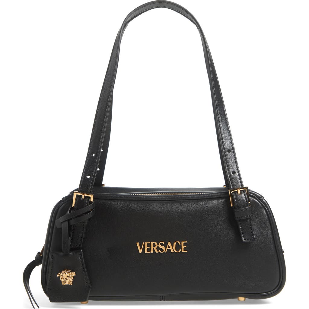 Versace Tag Bowling Shoulder Bag In Black Gold