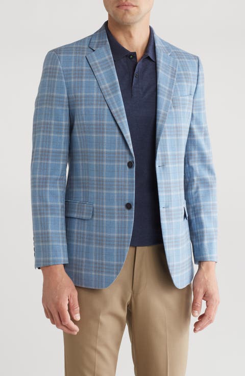 Blue Plaid Notch Lapel Stretch Sport Coat