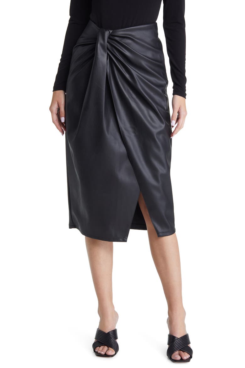 Wrap Front Faux Leather Skirt, Main, color, BLACK