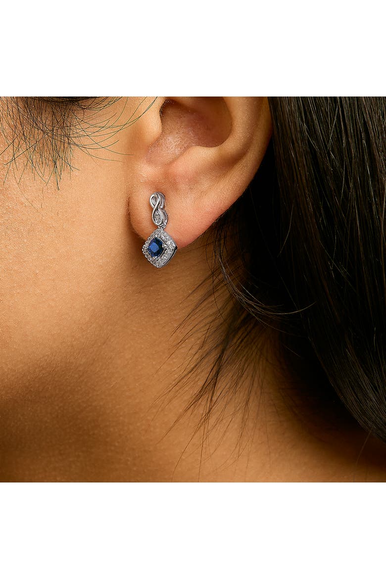 10K White Gold Sapphire and Diamond Halo Cushion Shaped Drop Earrings, Alternate, color, White