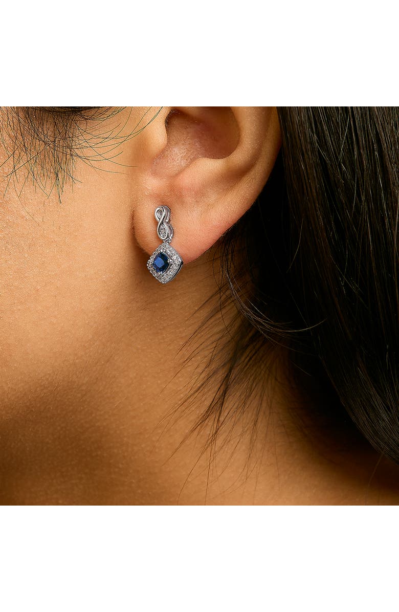 Haus of Brilliance 10K White Gold Sapphire and Diamond Halo Cushion Shaped Drop Earrings, Alternate, color, White
