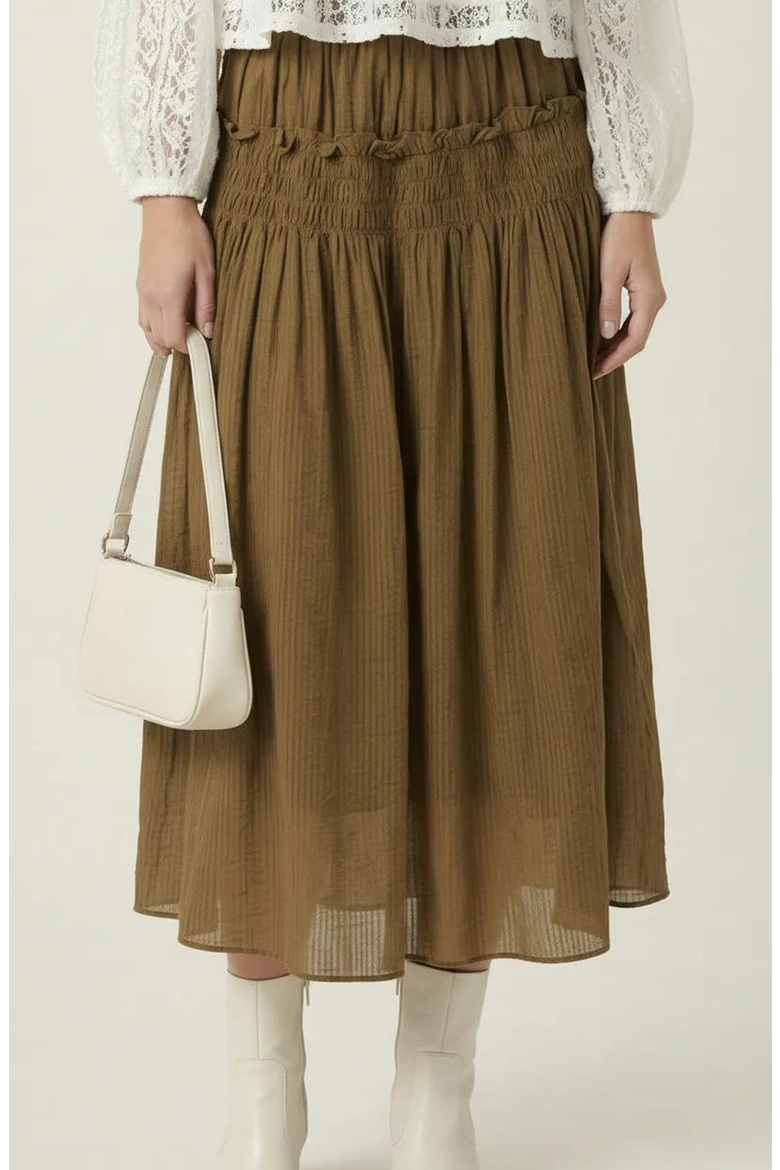 Smocked Tiered Ruffle-Trim Flowy Maxi Skirt, Main, color, Olive Green
