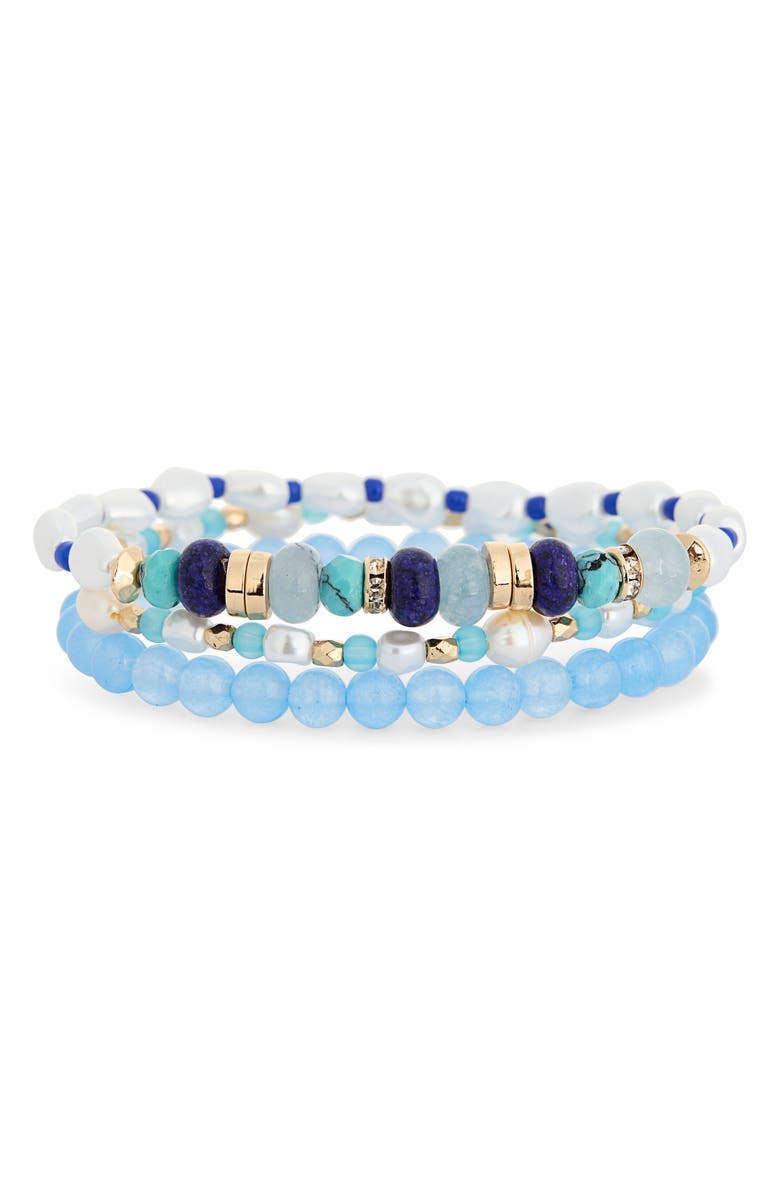 NORDSTROM RACK 3-Pack Faux Pearl Mixed Bead Bracelets, Main, color, Blue Multi