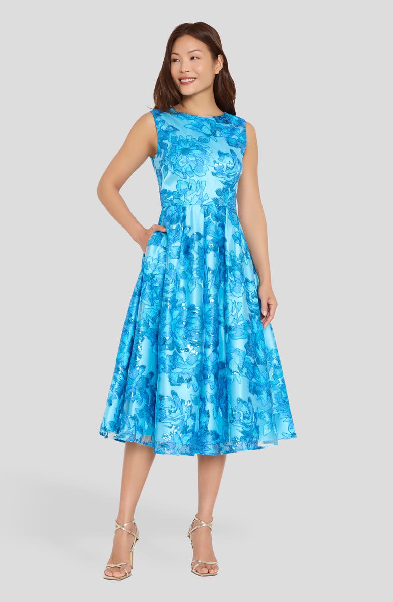 Tahari ASL Embroidered Sleeveless Fit & Flare Midi Dress, Alternate, color, Blue Jewel