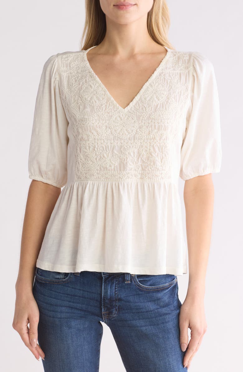 Lucky Brand Embroidered Peplum Top, Main, color, Whisper White