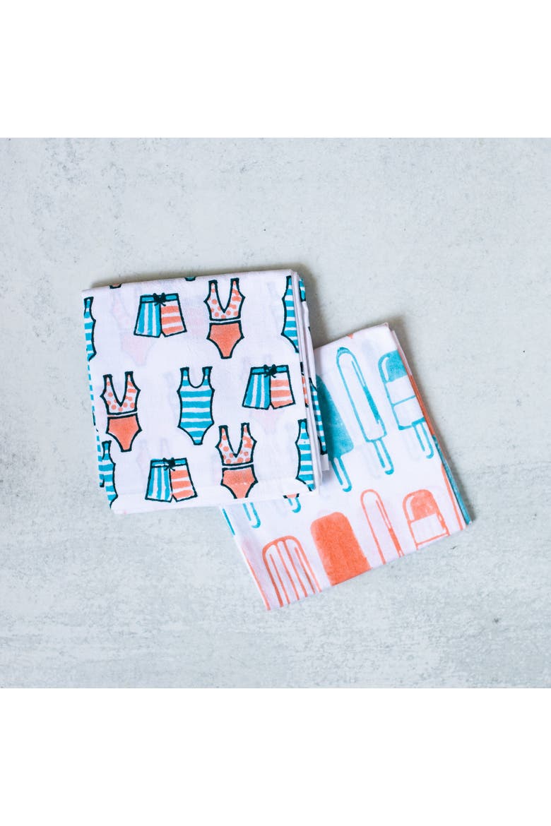 Tea Towel Set - Swimsuits & Popsicles, Alternate, color, Melon & Saltwater