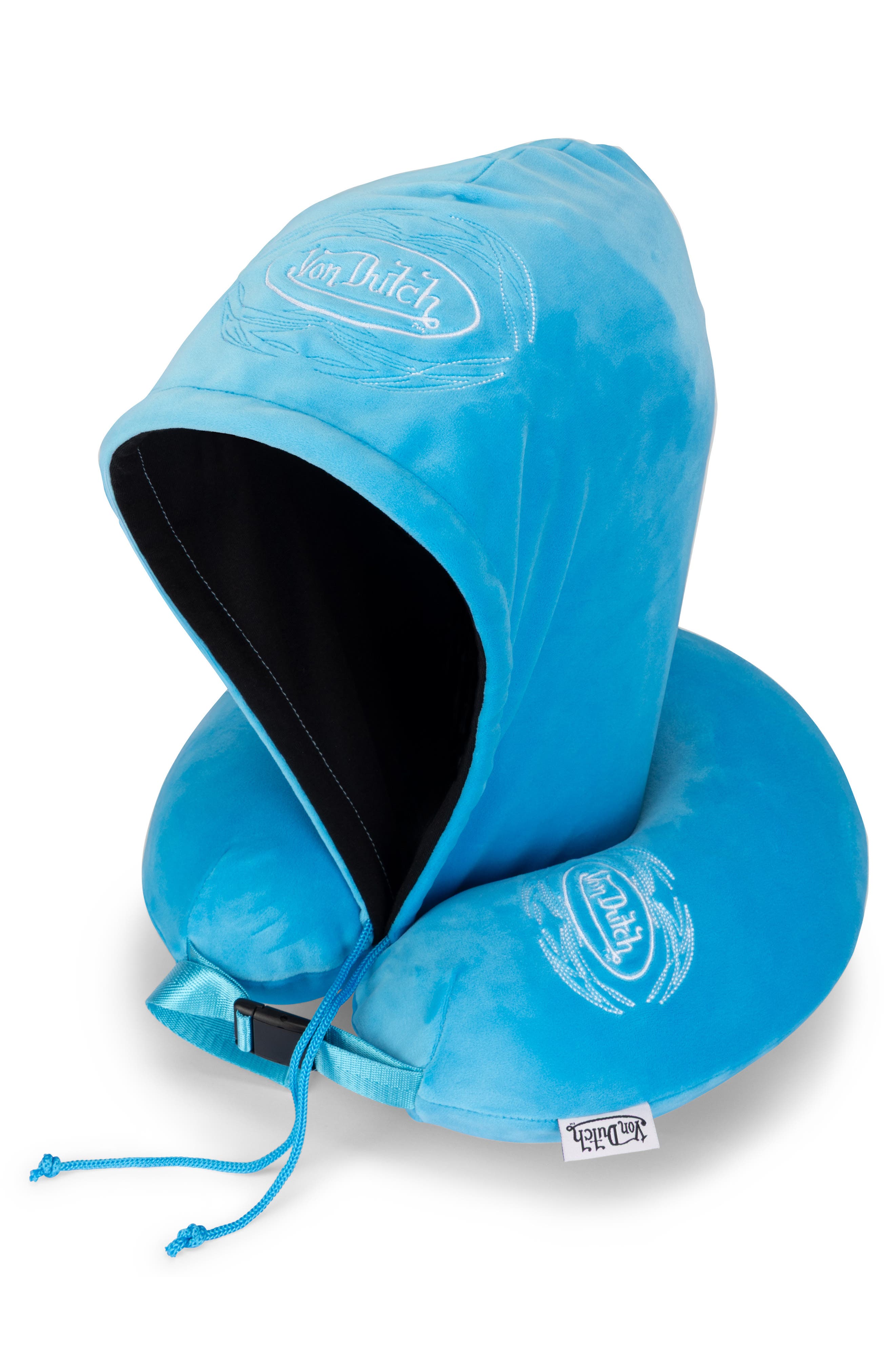 Von Dutch Pinstripe Hooded Memory Foam Travel Neck Pillow, Main, color, Blue