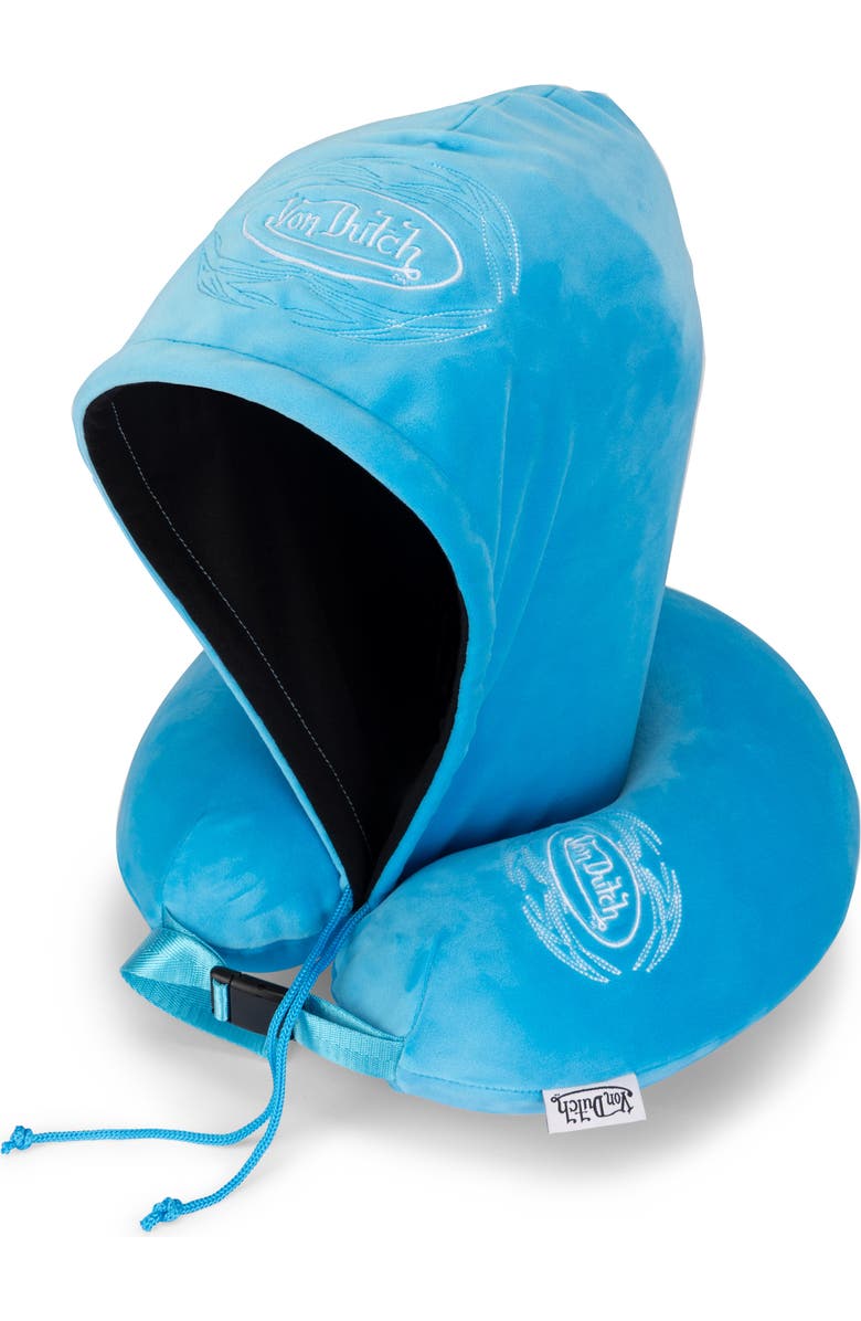Von Dutch Pinstripe Hooded Memory Foam Travel Neck Pillow, Main, color, Blue