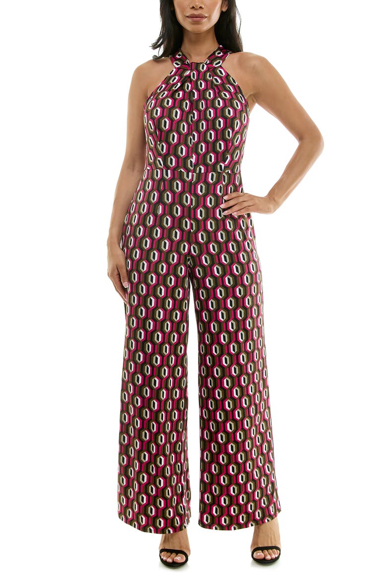 Twisted Halter Neck Jumpsuit, Main, color, BLACK/ OLIVE MULTI