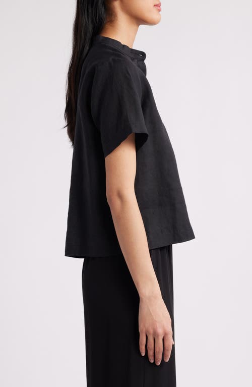 Eileen Fisher Organic Handkerchief Linen Band Collar Short-sleeve Shirt In Black
