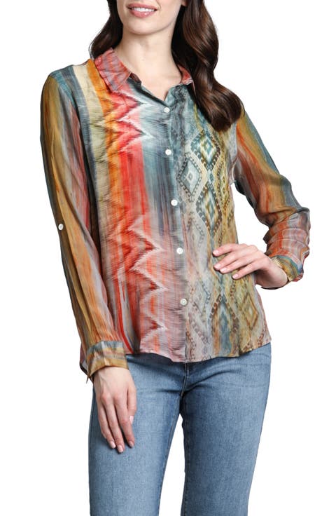 Abstract Print Roll Tab Sleeve Chiffon Button-Up Shirt